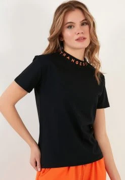 LELA CREW NECK - Camiseta Estampada - Black Neon Orange , Mujer