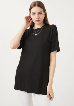 LELA OVERSIZE CREW NECK SLIT DETAILED - Blusa - Black , Mujer